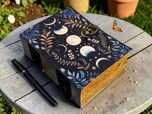 Moon Phase Leather Journal Celestial Grimoire Handmade Deckle Edge Paper Vintage Notebook Spell <b>Book</b> Gift 200 Sheets - Product Image 3