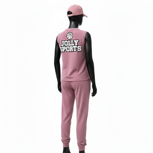 Ensemble jogging sans manches pour femme, t-shirt en coton polaire respirant et doux, 240 GSM, rose, logo personnalisé, ensembles pour femmes - Product Image 5