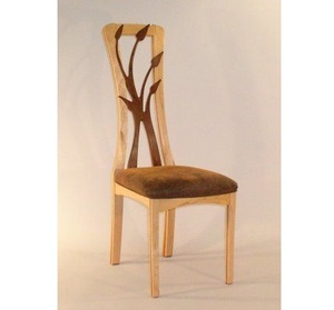 Luxury Handcrafted Solid Wood Dining <b>Chair</b> Artistic Branch Inlay High Back <b>Brown</b> Upholstered Seat - Product Image 1
