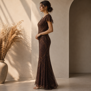 Women Brown Beaded <b>Sequin</b> Mermaid Maxi Dress V Neck Flutter Sleeve Embellished Evening Gown Formal Party Wedding Prom Elegant - Product Image 3
