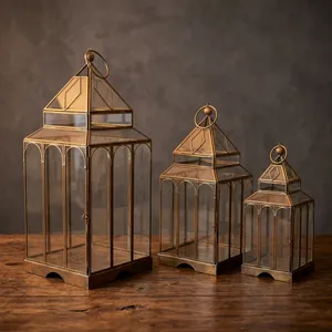 Artisan Design Rectangle <b>Brass</b> and Glass <b>Lantern</b> Set with Candle Holder for Home Decoration - Product Image 3