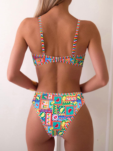 Conjunto de Bikini de 2 Piezas con Estampado Paisley para Mujer, Cuello Bandeau, Cintura Alta, Traje de Baño de Spandex, Estilo Boho, Lentejuelas, Secado Rápido, Logotipo Frontal - Product Image 3