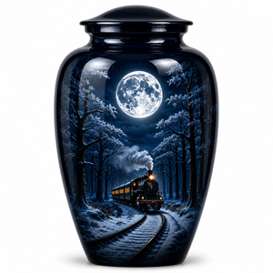 Autocollant commémoratif de luxe avec image de train naturel et de fumée montante, et urne funéraire en émail pour cendres humaines - Product Image 1