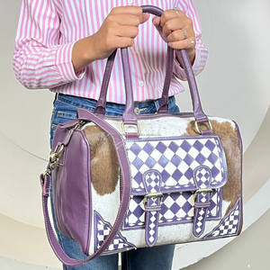 Bolso de Hombro Cruzado de Cuero Genuino con Diseño a Cuadros y Pelo de Vaca, Estilo Retro Vintage, para Mujer - Colección Expo Marzo 2026 - Product Image 4