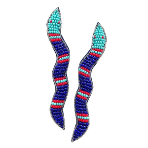 Pendientes de moda con bordado de cuentas de semilla de serpiente, pendientes llamativos negros y azules, joyería de serpiente de la India - Product Image 5
