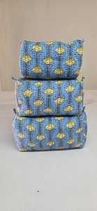 <b>Makeup</b> Organizer Bag Set of 3 Travel Toiletry Pouch Soft Quilted Cotton Blue Color Cosmetic Storage Zipper Case for Women - Product Image 2