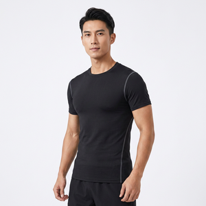 Camiseta Deportiva de Manga Corta para Hombre, Negra, de Secado Rápido, Corte Ajustado, Cuello Redondo, Tejido de Poliéster, Color Sólido - Product Image 2