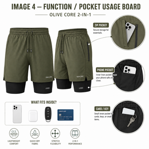Men's Olive Green Double <b>Layer</b> Sport Shorts With Drawstring Waist And Side Pockets Quick Dry Fabric Custom Logo Front - Product Image 4