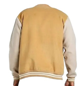 Men's Red White Canvas Varsity Jacket Regular Fit Crew Neck <b>Covered</b> <b>Button</b> Closure Breathable Wool Lining Zipper Detail - Product Image 3
