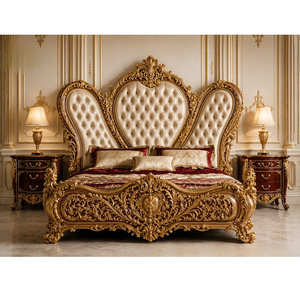 Ensemble de lit de luxe de style persan, en teck massif sculpté à la main avec feuilles dorées, dessus en cuir, durable, garantie, chambre à coucher classique royale - Product Image 1