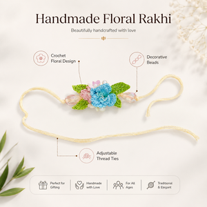 ดอกโครเชต์สีฟ้าชมพูทำมือจากโพลีเอสเตอร์ ประดับด้วยลูกปัดตกแต่งแบบดั้งเดิมสำหรับเทศกาล  สายรัดข้อมือแบบรักี  สามารถปรับแต่งได้ตามต้องการ - Product Image 6