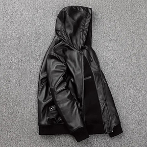 Custom Men Genuine Leather Hooded Bomber <b>Jacket</b> Winter Streetwear Sheepskin <b>Waterproof</b> Windproof Anti-UV Front <b>Plus</b> <b>Size</b> High - Product Image 4