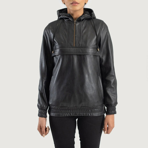 Unisex Black Genuine Leather Thick Hooded Quarter-<b>Zip</b> Jacket Casual Windproof Regular Sleeve Solid Color Winter Wear - Product Image 1