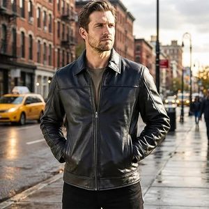 Men's Genuine <b>Leather</b> Moto <b>Jacket</b> Turn-down Collar Zipper Closure Solid Black Regular Length Autumn Wear - Product Image 2