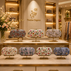 Printed Floral Embroidered Clutch Bag for Women Party Purse Bridal Wedding Handbag with Unique <b>Frame</b> Design and Sling Chain - Product Image 4
