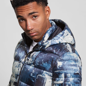 2026 New Men's Blue Abstract Print Puffer Jacket Stand Collar Zipper Closure Casual Winter Wear Slim Fit Polyester Material - Product Image 6