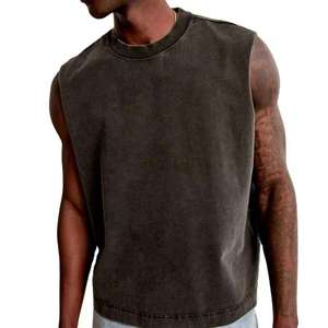 Débardeur homme été de haute qualité, col rond, uni, 100% coton, sans manches, avec logo personnalisé, effet vintage délavé à l'acide. - Product Image 2