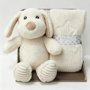 customized cream puppy plush and knitted <b>blanket</b> gift set, <b>boxed</b> newborn dog stuffed toy hamper, neutral beige baby shower plush - Product Image 1
