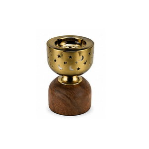Metal Incense <b>Burner</b> with Star and Moon Design Black Top Bamboo Base Aromatherapy Diffuser All-Season Use - Product Image 2