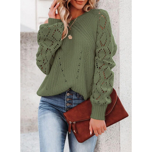 Pull décontracté pour femme en maille ajourée vert olive, anti-boulochage, color-block, épais, col rond, manches classiques, idéal pour l'automne - Product Image 3