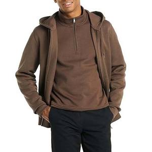 Sweat-shirt à capuche zippé pour homme, marron, coupe classique, couleur unie, décontracté, en molleton 100% coton tricoté - Product Image 3