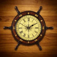 Jam Dinding Kayu Bentuk Roda Kapal Laut dengan Desain Kompas, Jam Dekoratif Bulat untuk Dekorasi Rumah, Ruang Tamu, Kamar Tidur