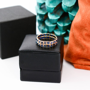 Natural Blue Sapphire Triple-Row <b>Statement</b> <b>Ring</b> in Solid 18K Yellow Gold – Wide Triple-Band Bezel Set <b>Ring</b> September Birthstone - Product Image 6