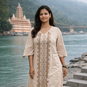 Women Handloom Khadi Cotton Kurta with Traditional Brown Geometric Embroidery Work Casual Elegant V-Neck Ethnic Tunic Dress - Product Image 5