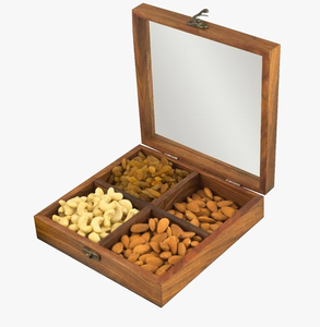 Boîte à fruits secs en bois, sections divisées avec couvercle, conteneur de stockage alimentaire rectangulaire minimaliste fait à la main pour noix et bonbons - Product Image 5