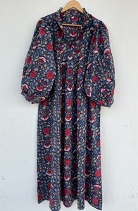 Wholesale Women Navy Floral Cotton Maxi <b>Dress</b> Puff Sleeve Collar Neck Resort Wear <b>Dress</b> - Product Image 1