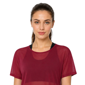 Overlap Back Yoga Shirt for Women <b>Sheer</b> Mesh Short Sleeve Round Neck Relaxed Fitness Top Curved Hem Studio Exercise Layering Tee - Product Image 3