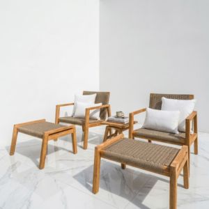 Chaises de salle à manger d'extérieur en teck massif séché au four, style scandinave, pour villa de villégiature, ensemble de fauteuils en corde tressée pour patio, mobilier contractuel d'Indonésie - Product Image 6