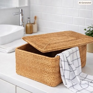 Durable Home <b>Collapsible</b> Bamboo Basket Rattan <b>Storage</b> Box With Lid Rectangle Shape Clothing Organizer Living Room <b>Storage</b> Bin - Product Image 4