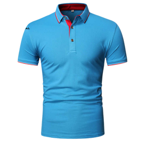 Polo à manches courtes bleu marine pour homme avec bordure contrastée rouge, coupe ajustée, décontracté, tricoté, couleur unie - Product Image 5
