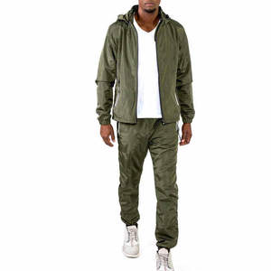 Windproof Streetwear Workout Outfit Mens Lightweight Nylon Windbreaker Tracksuit Set Zip Up Sport Jacket and Track Pants - Product Image 1