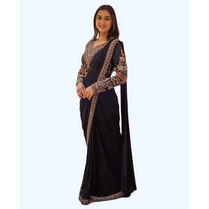 FANTAISIE GEORGETTE BRODERIE DENTELLE BORDURE SAREE AVEC BLOUSE PRÊT À PORTER NOIR - Product Image 1