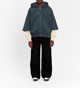Sweat à capuche zippé pour homme, coupe classique, bicolore, manches superposées, couleur unie, mode automne, 100% coton molletonné, vêtements OEM ODM - Product Image 6