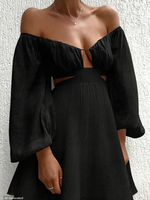 Robe mini noire à épaules dénudées et découpes pour femme, à manches longues, avec buste froncé et jupe évasée, idéale pour les soirées, vente en gros et personnalisation