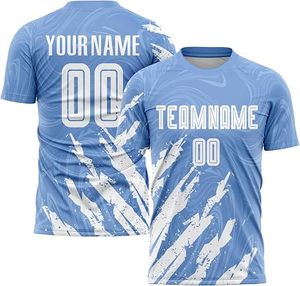 Conjunto de Uniforme de Fútbol Sublimado Personalizado, Patrón Azul y Blanco, Cuello Redondo, Manga Corta, Poliéster que Absorbe la Humedad, Unisex para Adultos - Product Image 3