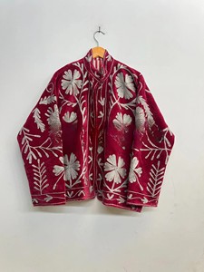 Vintage Maroon Velvet Jacket with Silver Floral Embroidery Handcrafted Kashmiri Style <b>Winter</b> Pheran high-quality velvet Jacket - Product Image 2