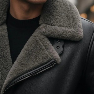 Veste en cuir aviateur B3 en peau de mouton véritable noire et grise pour homme, manteau d'hiver - Product Image 4