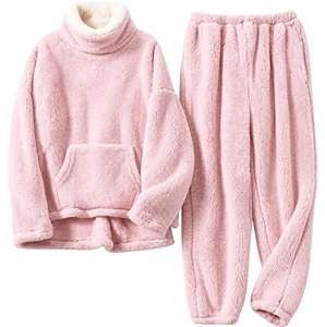 Conjunto de Pijama de Forro Polar para Mujer, Cuello Alto, Color Rosa, Ropa de Dormir Cálida para Invierno, Cintura Elástica, Material Suave y Esponjoso - Product Image 1