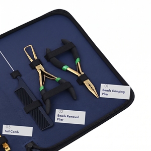 Kit professionnel d'application d'extensions capillaires : Pinces à micro-anneaux, Aiguilles à fil, Pinces de sectionnement, Peigne à separer les mèches, Ciseaux - Product Image 5