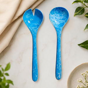 FAIZA CRAFT - Serveurs à salade artisanaux en résine bleu sarcelle et blanc - Luxe moderne - Écologiques - Lavables au lave-vaisselle - Compatibles avec le micro-ondes - Product Image 2