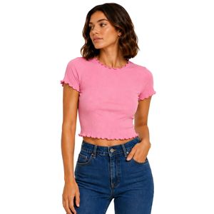 Camiseta Corta Rosa Personalizada con Ribetes para Mujer, Manga Corta, Cuello Redondo con Volantes, Algodón y Spandex, Ajuste Delgado, Casual de Verano - Product Image 1