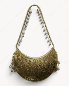 Handmade <b>Gold</b> Metal Crescent <b>Clutch</b> Bag Embossed Floral Design Shell Handle Antique Minaudiere Evening Purse Women Wholesale - Product Image 2