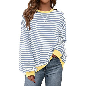 Sudadera Oversize a Rayas para Mujer, Cuello Redondo, Manga Larga, Estilo Casual Holgado, Top de Ropa Urbana Cómoda para Otoño - Product Image 1