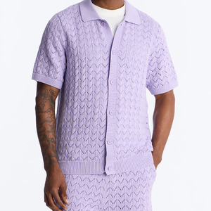 Solid Color Smart Casual Men Summer Two Piece <b>Knitted</b> Printed Shirt Shorts <b>Set</b> High Street Style Breathable 100% Cotton Men <b>Set</b> - Product Image 3