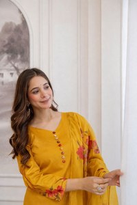 Women's Yellow Floral Printed <b>Kurta</b> Set With Dupatta Casual Wear Traditional <b>Indian</b> Pakistani Style Ankle-Length Polyester Dress - Product Image 3