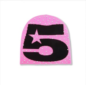 Gorro Unisex con Diseño de Número 5 con Pedrería, Color Rosa, Negro y Gris, Estilo Urbano, Gorro de Invierno Informal para Adultos, 56-58 cm - Product Image 4